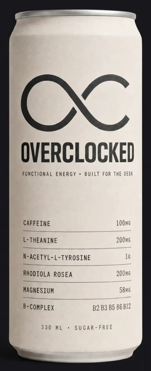 Overclocked 330ml blik, draait van voorkant naar achterkant